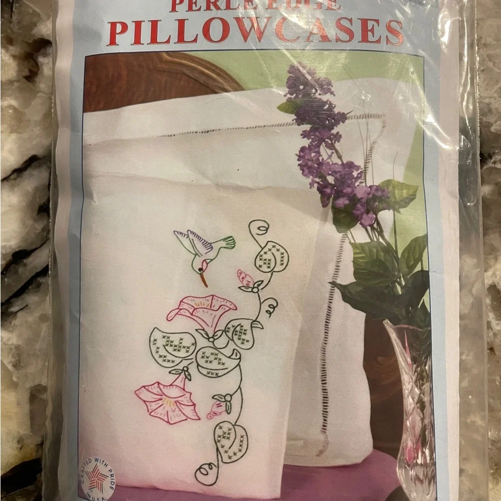Stamped Pillowcases Cross Stitch Kit Embroidery 2 Pack Hummingbird Morning Glory